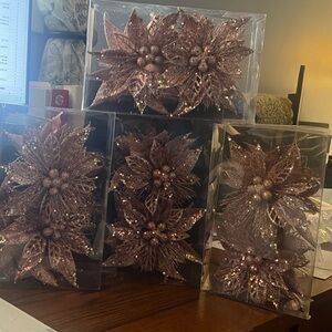 16 Glittery Sequin Floral Ornament PINK